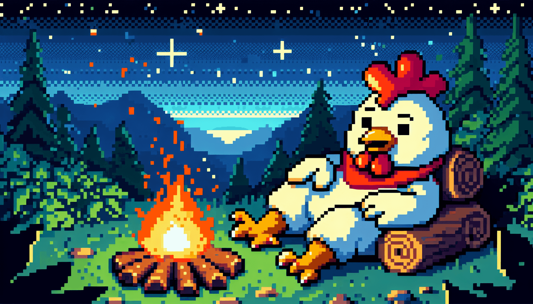 Pollo descansando junto a una fogata bajo el cielo estrellado