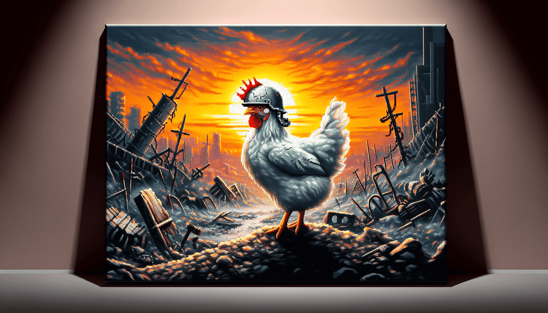 Pollo solitario en un campo de batalla post-apocalíptico