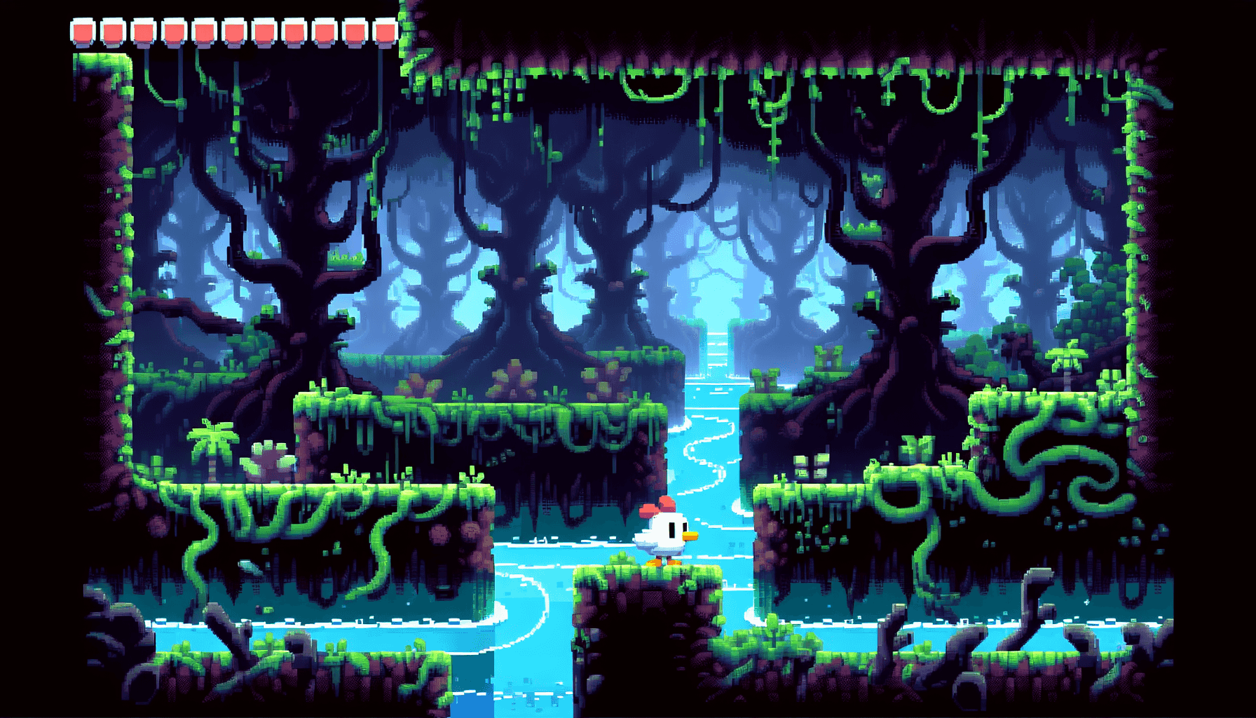 Bosque oscuro y pixelado con obstáculos